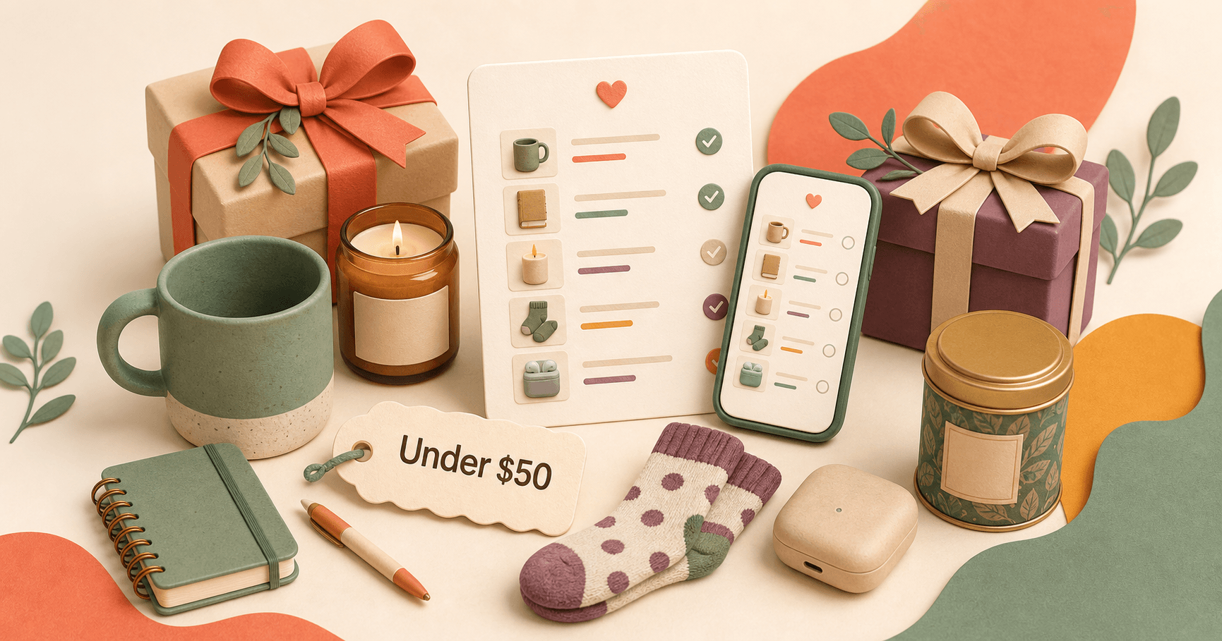 Useful gifts arranged around a wishlist card with an Under $50 price tag