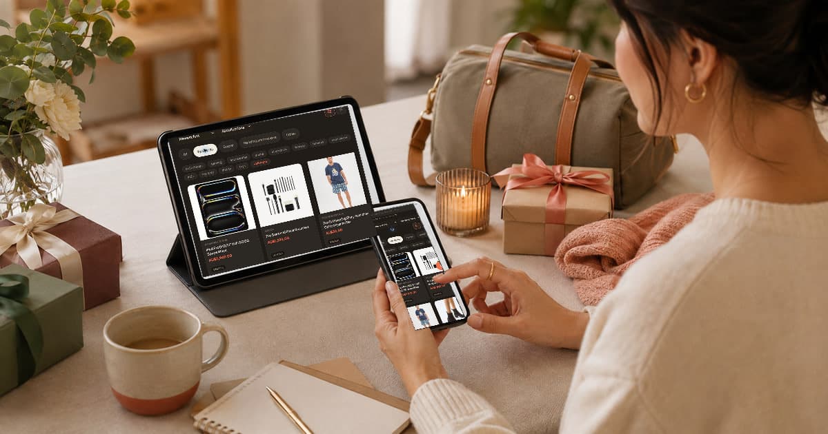 Person browsing real Quokit product screens on a tablet and phone beside gift ideas