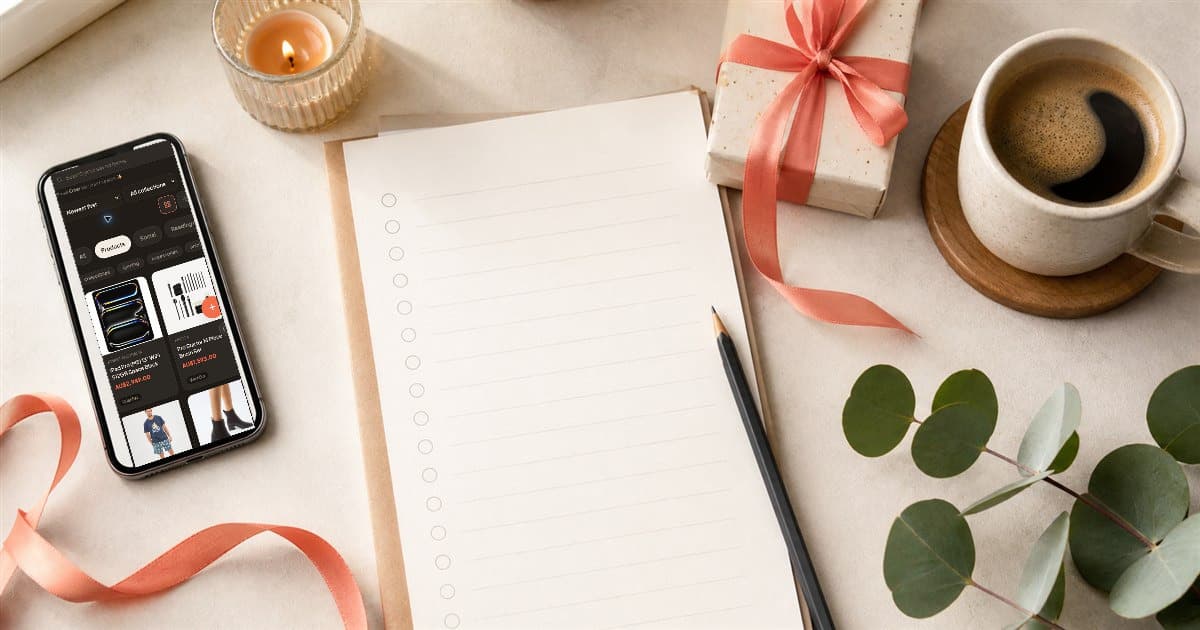 Blank birthday wishlist beside a phone, wrapped gift, coffee and pencil