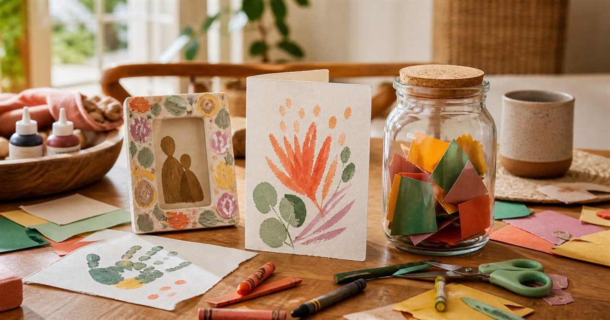 Handmade card, painted photo frame and memory jar in Quokit's warm colours