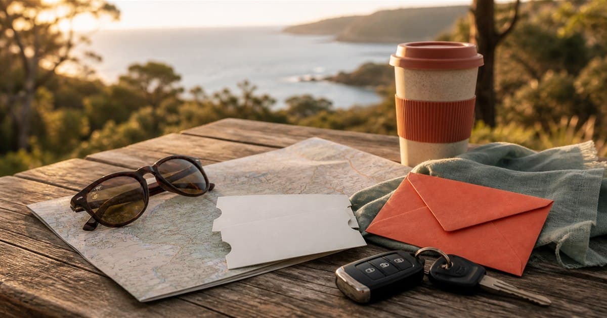 Tickets, map, coffee and car keys arranged for an Australian Father's Day day trip