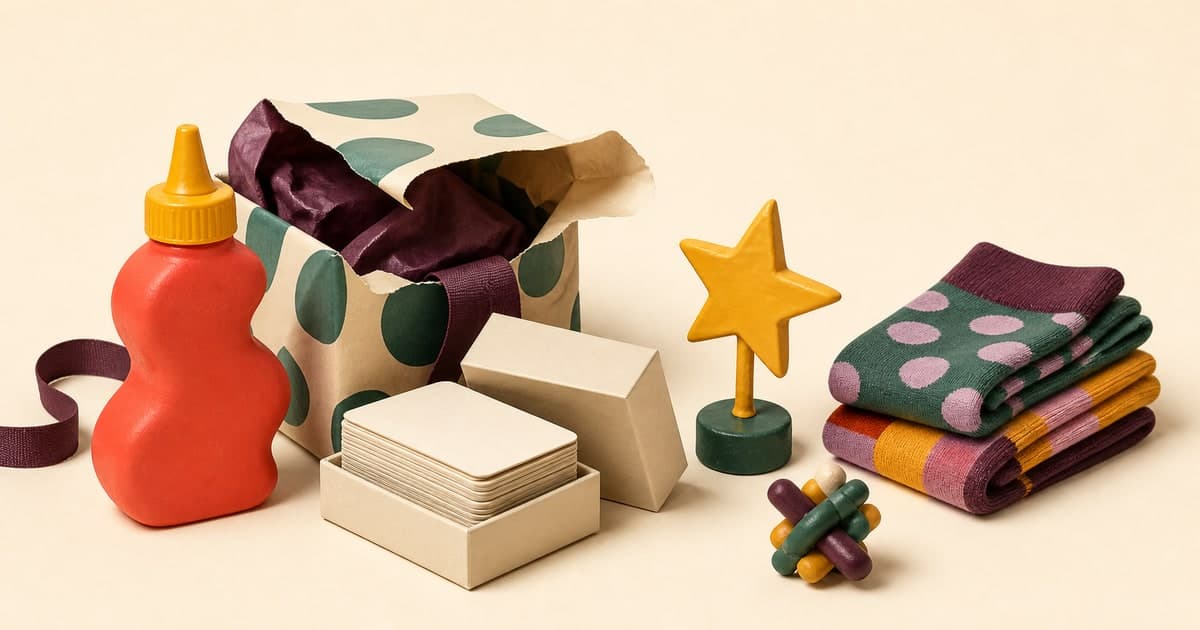 Quirky condiment, card game, colourful socks and small desk trophy arranged as gifts