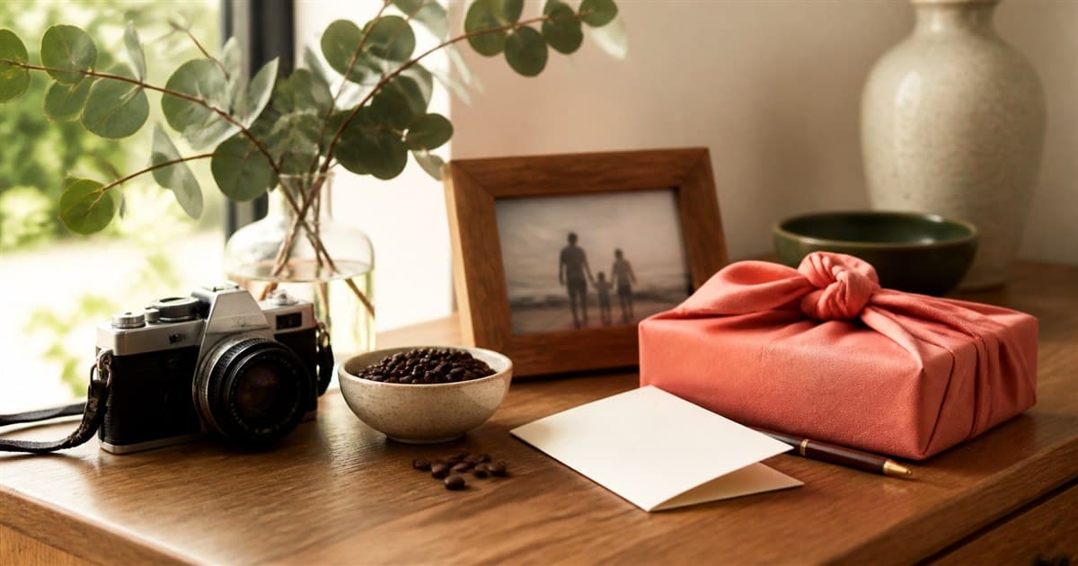 Camera, coffee beans, family photo and a modest wrapped gift for a hard-to-buy-for dad