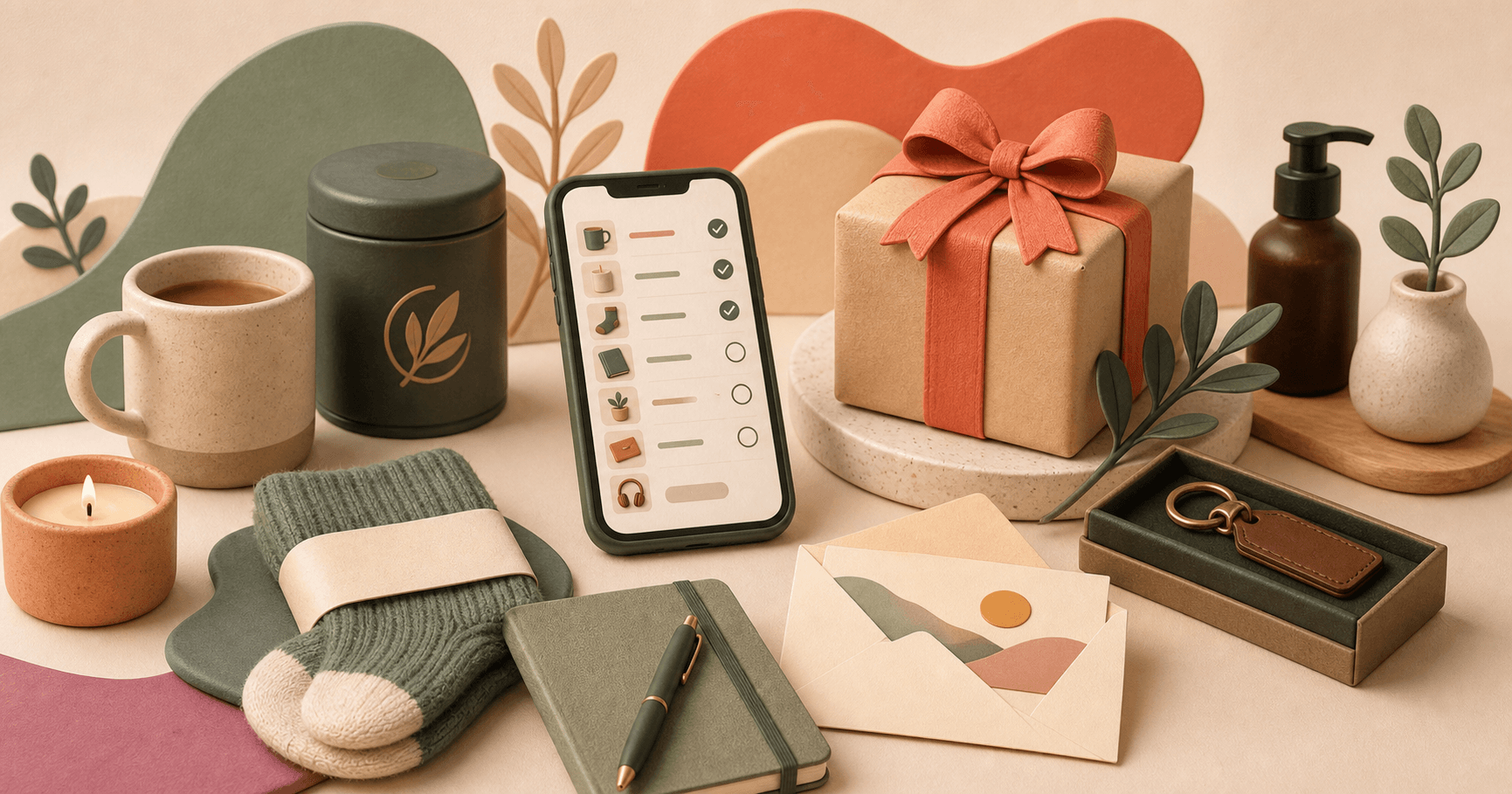 Useful gifts arranged around a wishlist phone for someone hard to buy for