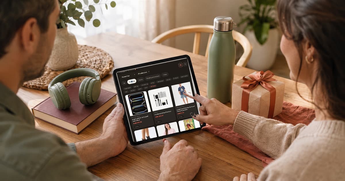 Two people reviewing saved products on a tablet with the real Quokit interface