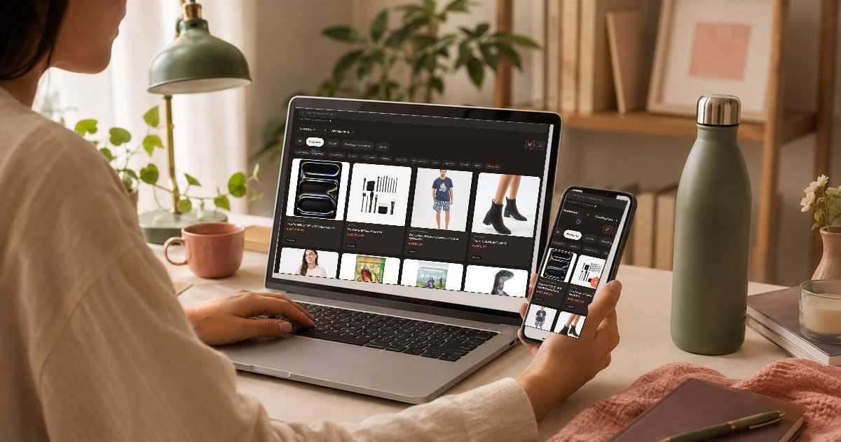 Person reviewing products saved in Quokit on a laptop and phone