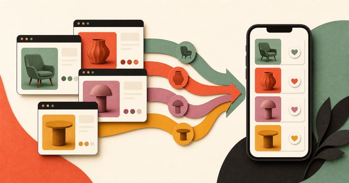 Browser shop cards moving into one Quokit wishlist on a phone