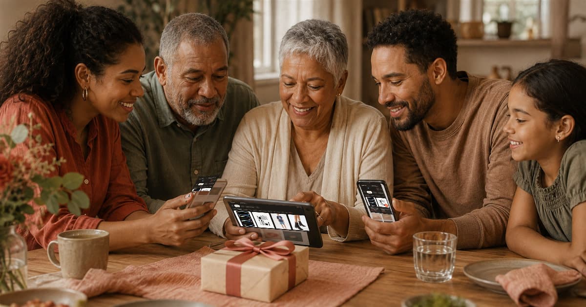 Family discussing gift ideas around a tablet and phones displaying Quokit