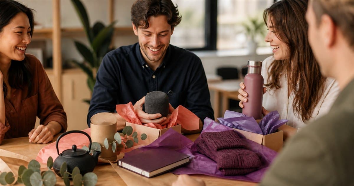 Coworkers opening useful Kris Kringle gifts around a shared table