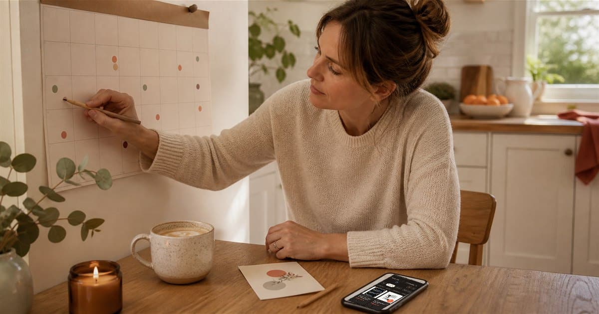 Person adding coloured birthday reminders to a wall calendar beside their phone