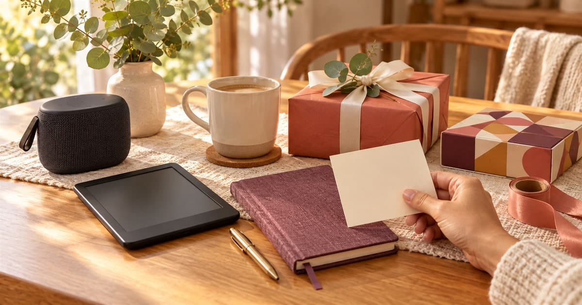 A shortlist of useful gift ideas beside a wrapped present, speaker and e-reader
