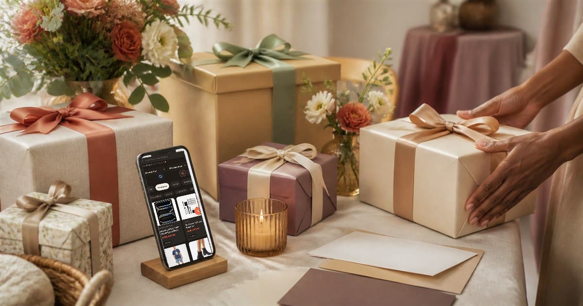 Wrapped celebration gifts and blank cards beside a phone displaying saved products in Quokit