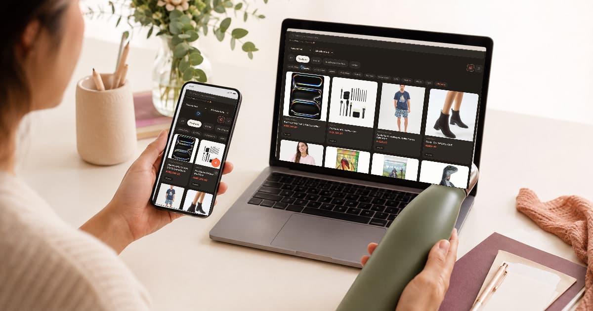 Person checking saved product images in Quokit on a laptop and phone
