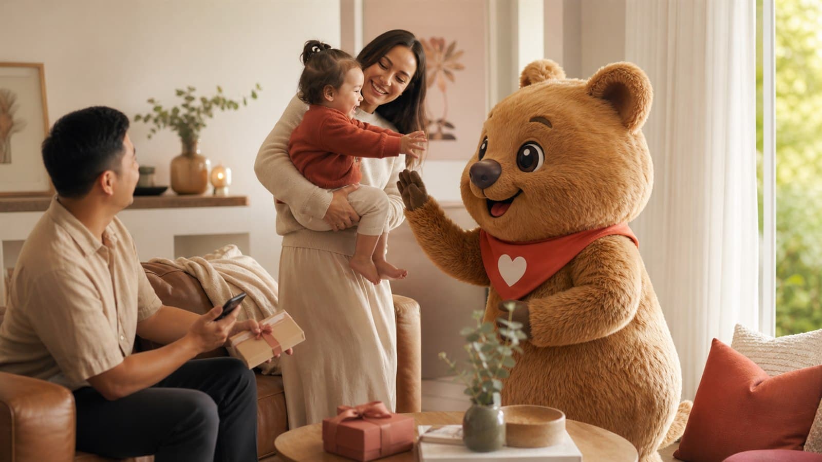 Mother holding her toddler as a life-size Kit mascot plays with the child
