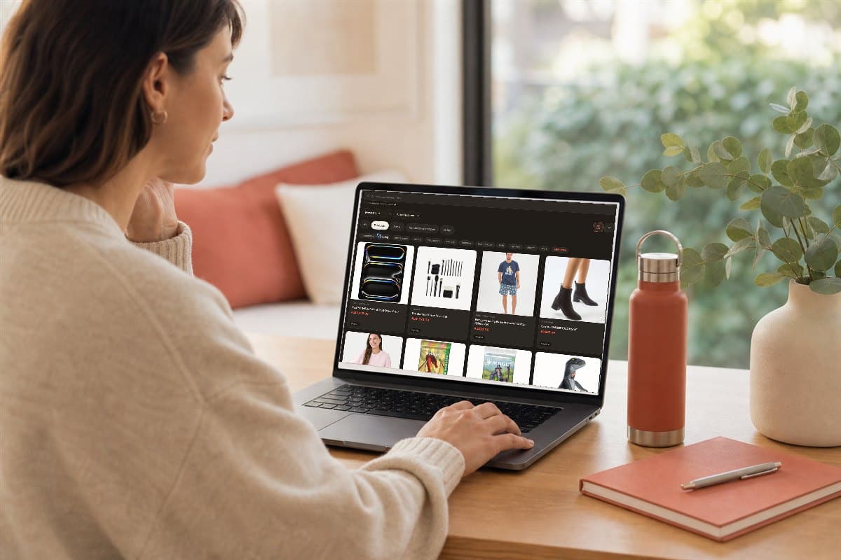 Person reviewing saved products in Quokit on a laptop beside a reusable bottle