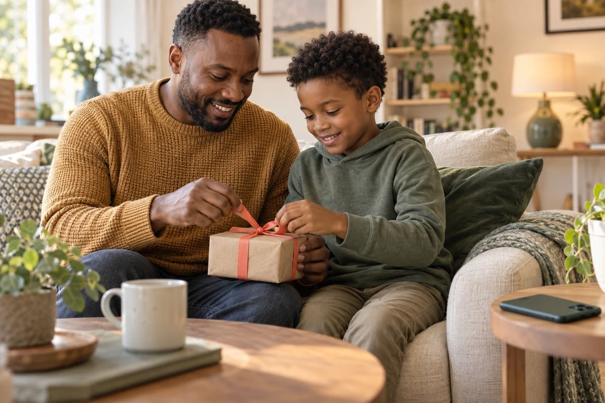 Parent and child opening a small gift together on the couch