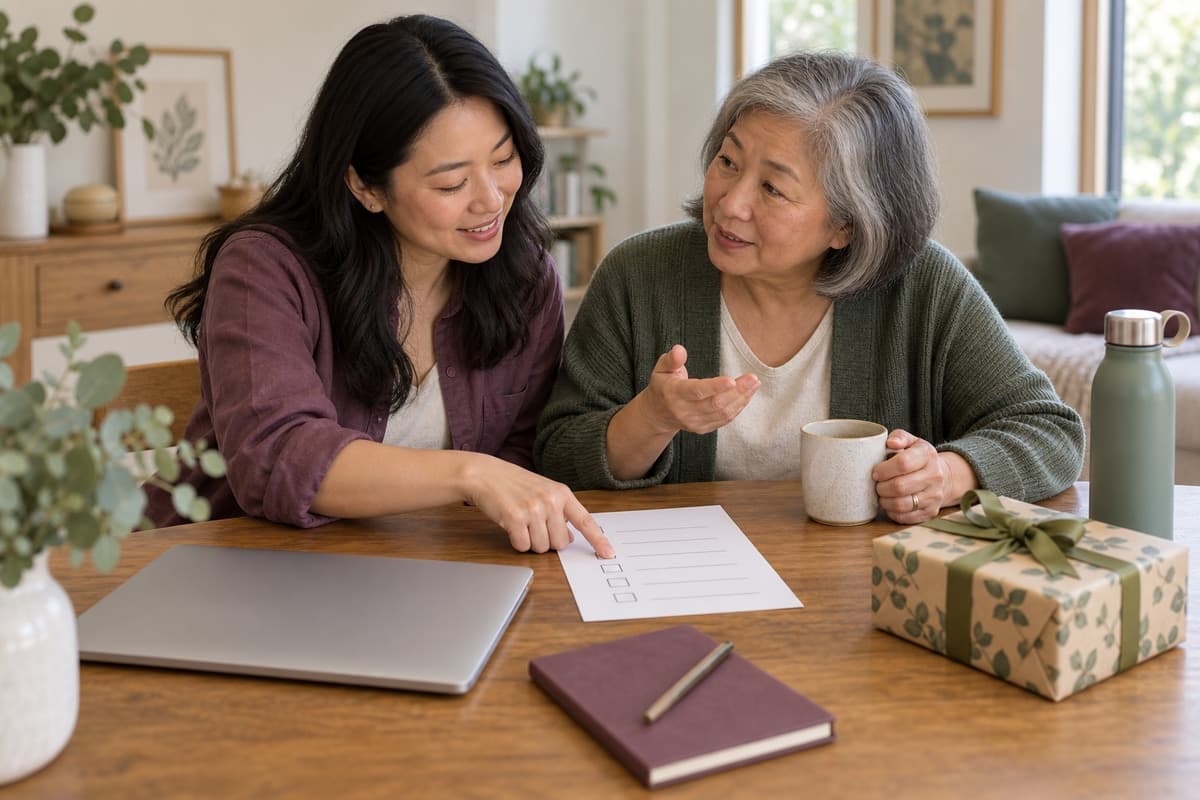 Two people at a table planning gift ideas together