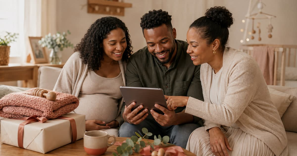 Expecting parents and a relative reviewing a baby registry beside practical gifts