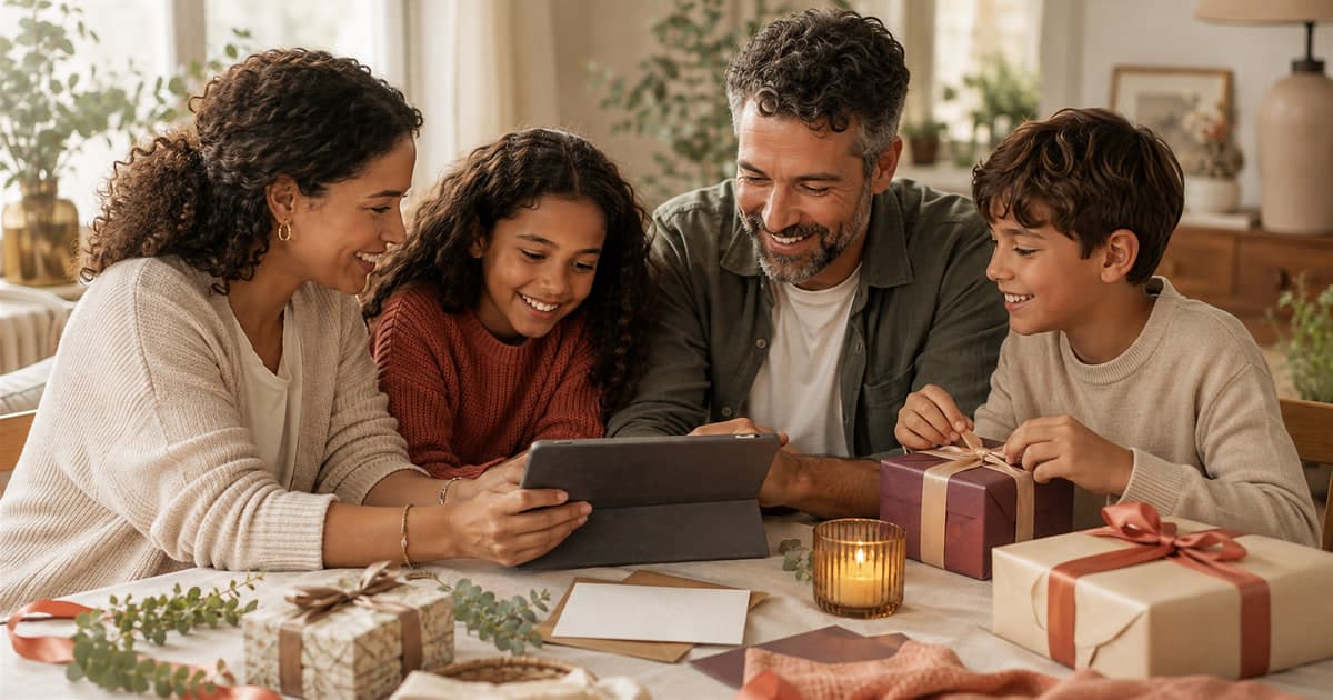 Family reviewing a shared Christmas wishlist while wrapping gifts together