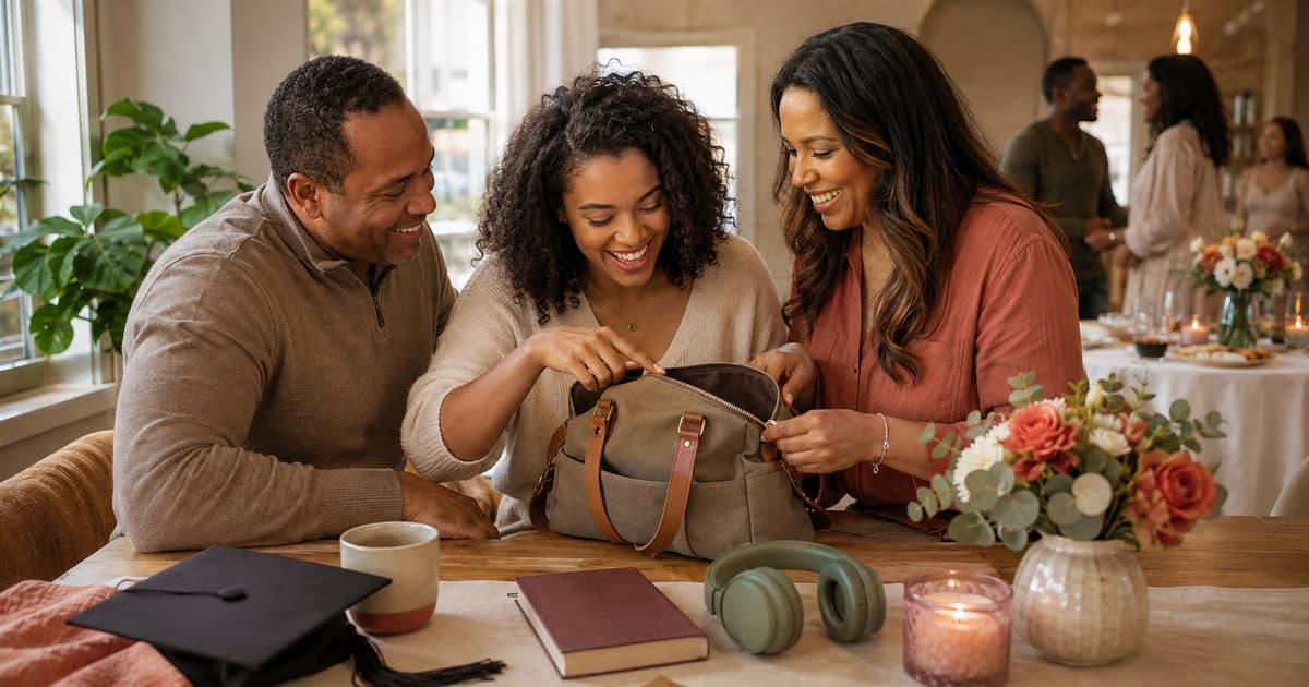 Graduate opening a practical gift with family after the ceremony