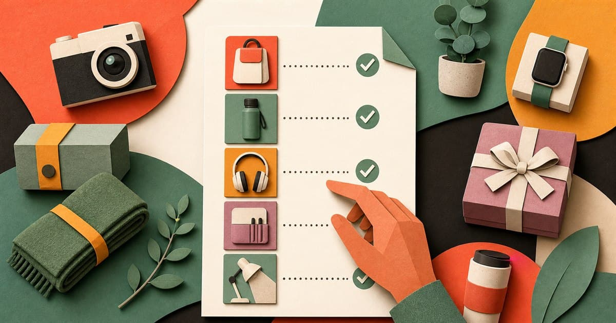 Useful gifts arranged around a clear checked wishlist