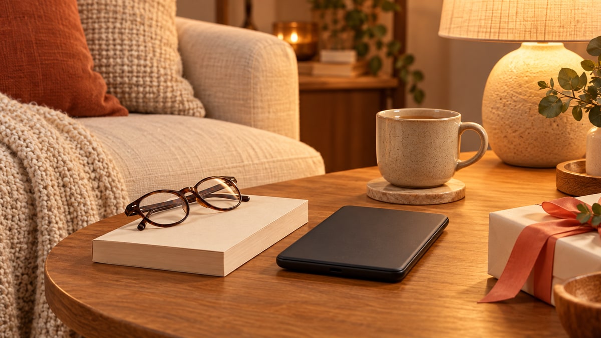 A book, glasses and an unbranded e-reader in a warm reading corner