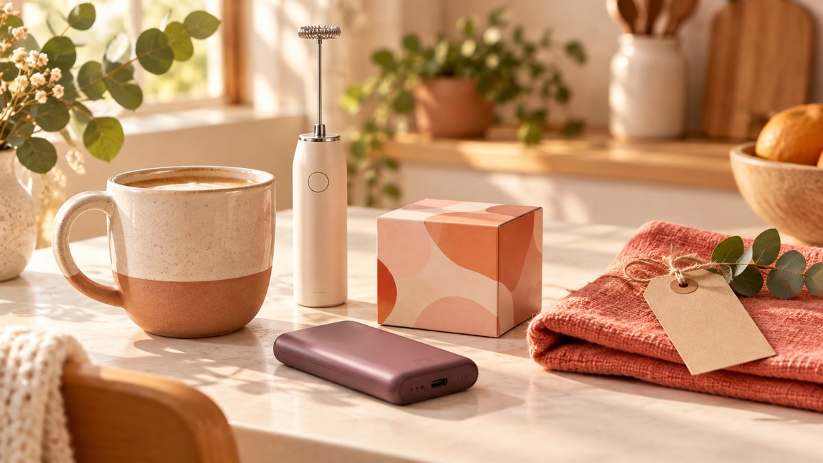 Coffee, a small milk frother and a compact power bank on a gift table