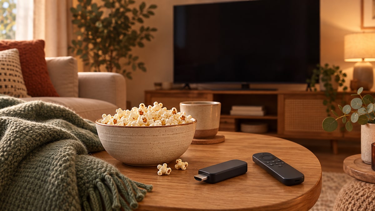 An unbranded streaming stick and remote on a living room table
